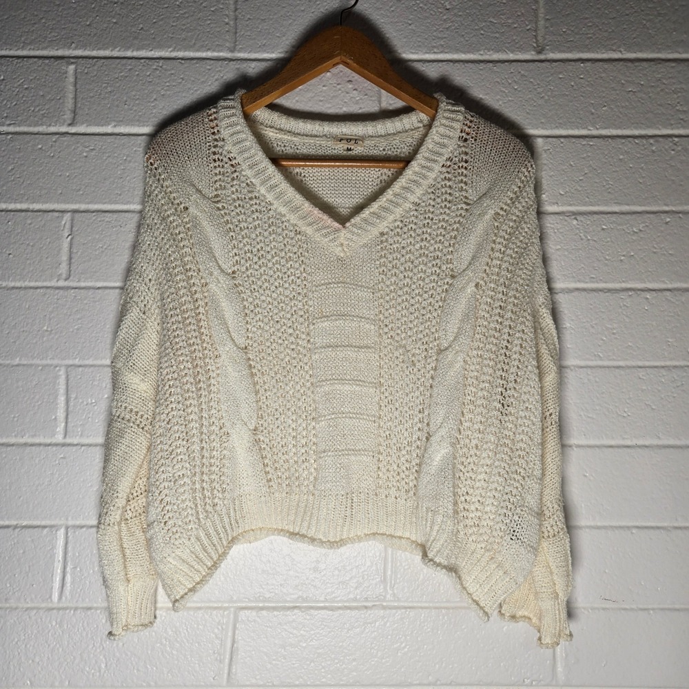 POL Cable Knit Sweater Medium Cream Oversized Boho Cozy Lagenlook Fisherman